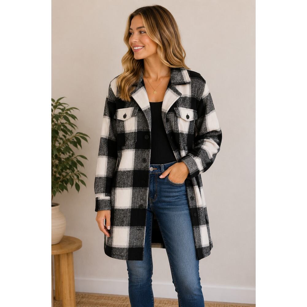 Tribal Jeans Plaid Shacket Womens Large Black White Buffalo Check Coat